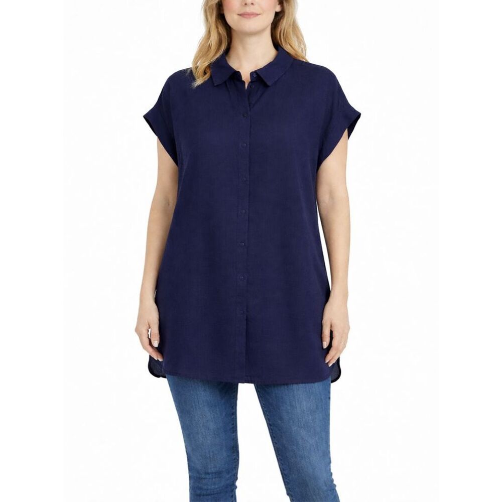 Nanette Lepore Dolman Tunic Blouse L Navy Blue Button Front Sheer Lightweight